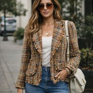 Vintage David Brooks Tweed Blazer | Fringe Trim Textured Jacket | Chic Classic
